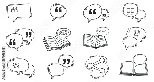 A collection of speech bubbles, quotes, and books in a minimalist outline vector style, ideal for communication-themed designs