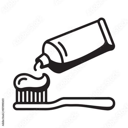 Black and white illustration of a tube of toothpaste dispensing onto a toothbrush