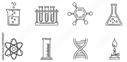 A collection of science and laboratory icons including beakers, test tubes, molecules, and DNA in minimalist outline vector style, suitable for educational materials and scientific presentations