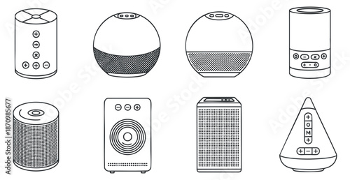 A set of various audio speakers in black and white outline vector style, perfect for technology and electronics projects