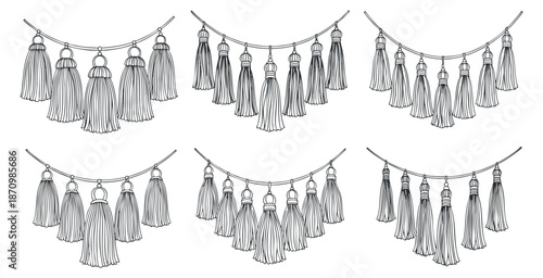 A collection of decorative tassels in black and white outline vector style, suitable for event and interior design