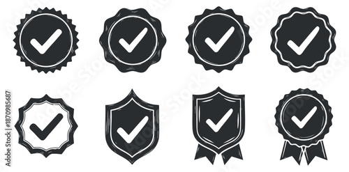 A collection of black and white vector badges with checkmarks, ideal for certification and award designs