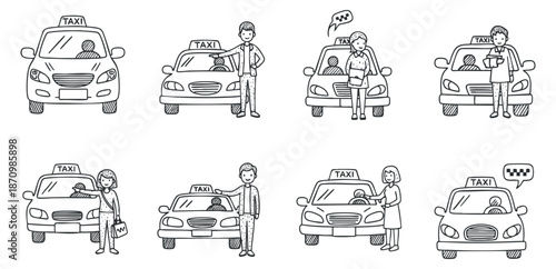 A collection of taxi illustrations featuring drivers and passengers in outline vector style, suitable for transportation and travel-related projects