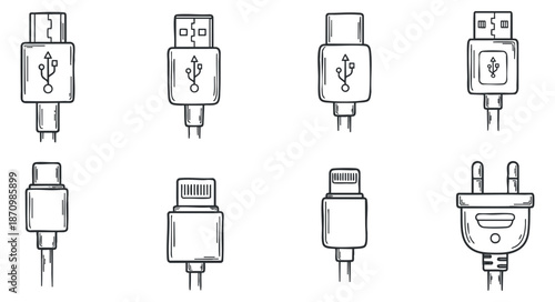 A collection of various USB connectors and plugs in black and white outline vector style, ideal for technology and electronics designs