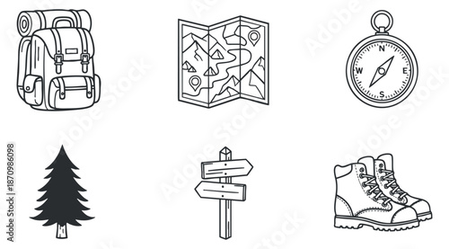 A collection of outdoor adventure icons featuring a backpack, map, compass, tree, signpost, and hiking boots in clean outline vector style, suitable for travel and exploration themes