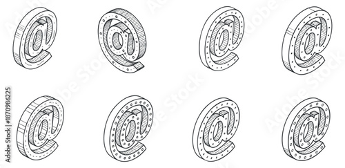 A collection of isometric at symbols in black outline vector style, ideal for digital communication and graphic design projects