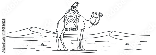 A camel standing in the desert with a bird on its back in minimalist black and white vector style, ideal for travel and adventure themes