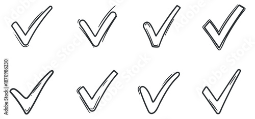A collection of eight check marks in a hand-drawn outline style, suitable for graphic design and branding purposes