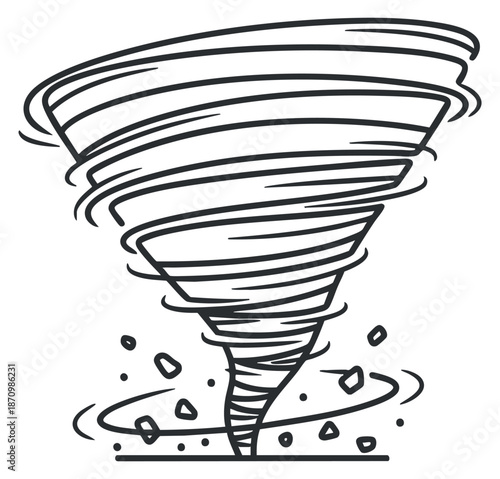 A tornado illustration in black and white outline vector style, suitable for weather-related projects and educational materials