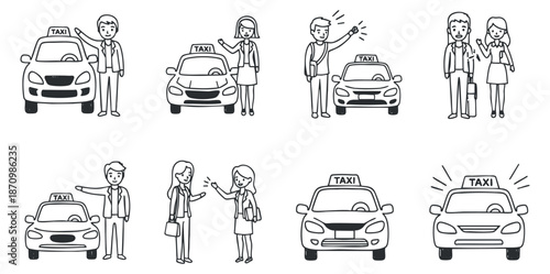 A set of characters hailing taxis in a minimalist black and white vector style, suitable for transportation and travel themes