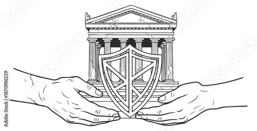A pair of hands holding a shield in front of a classical building in outlined minimalist vector style, ideal for legal and institutional themes