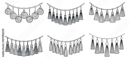 A collection of decorative garlands featuring tassels and ornaments in black and white minimalist vector style, ideal for party and event designs