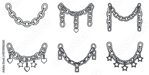 A collection of six chain designs featuring locks, hearts, and stars in black outline minimalist vector style, perfect for jewelry design and fashion illustrations