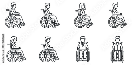 A set of wheelchair user icons in minimal outline vector style, ideal for accessibility and healthcare design projects