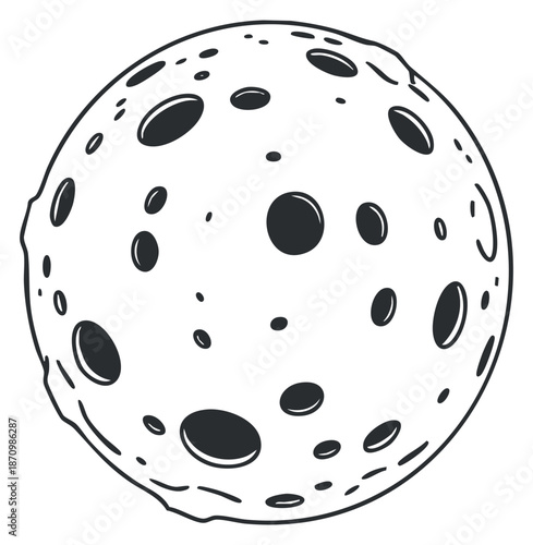 A simple illustration of a moon with craters in black and white minimalist vector style, ideal for space-themed designs