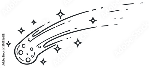 A comet with a trailing tail and sparkling stars in a minimalist outline vector style, ideal for space-themed designs
