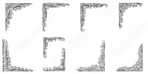 A collection of eight ornate decorative corner designs in black and white vector style, ideal for invitations and elegant layouts