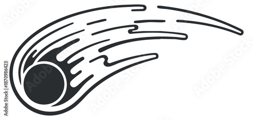A stylized comet with a tail in black and white outline vector style, suitable for astronomy and space-themed designs