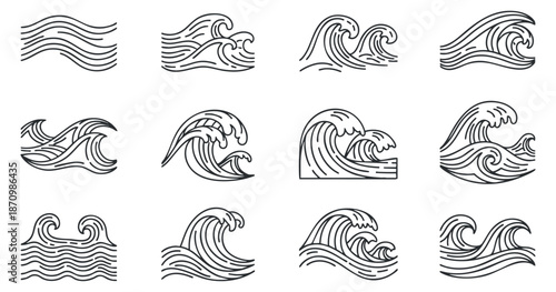 A collection of stylized ocean wave icons in black and white line art vector style, suitable for beach-themed designs