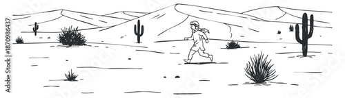A woman running through a desert landscape with cacti and mountains in minimalist black and white vector style, ideal for fitness and outdoor themes