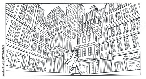 A minimalist outline illustration of a cityscape featuring tall buildings and a person walking in linear vector style, suitable for urban-themed designs