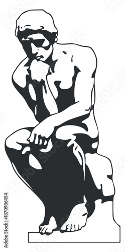 A silhouette of a thinker statue in black and white minimalist vector style, perfect for artistic and philosophical projects