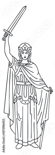 A queen holding a sword, depicted in a minimalist line art style, suitable for historical and fantasy illustrations