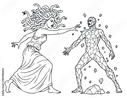 A dynamic illustration of a Medusa character with snakes in black and white outline vector style, ideal for fantasy art projects