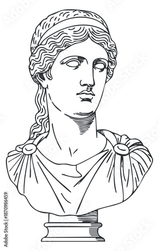 A detailed outline of a Greek bust sculpture in black and white vector style, ideal for historical art projects