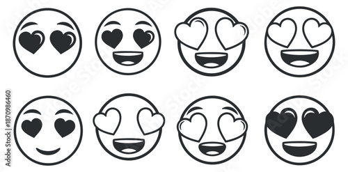 A collection of love-themed emojis featuring hearts in eyes, in a flat black and white vector style, ideal for social media and digital communication