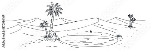 A minimalist black and white illustration of a desert landscape featuring an oasis, palm trees, and sand dunes, ideal for nature-themed projects