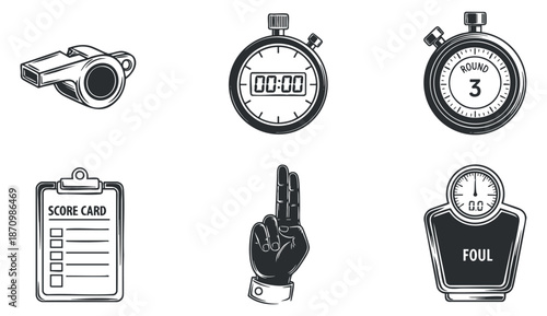 A collection of sports-related icons including a stopwatch, whistle, scorecard, hand signal, and foul indicator in black and white vector style, perfect for sports event graphics
