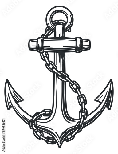 A detailed anchor illustration with a chain in black and white outline vector style, suitable for nautical-themed designs and branding