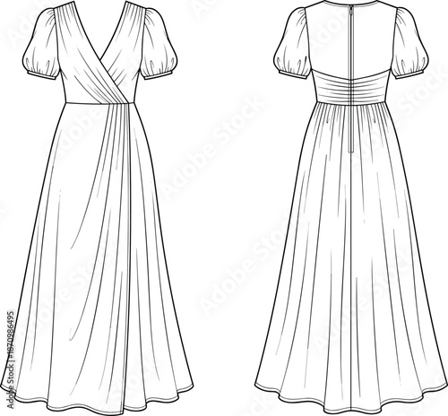 Long dress technical drawing, front and back views, fashion design sketch with pleats and puff sleeves, flat vector illustration
