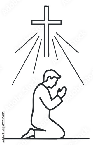 A silhouette of a person kneeling in prayer towards a cross with rays of light in minimalist vector style, suitable for religious and spiritual themes