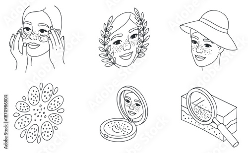 A collection of skincare illustrations featuring women applying products, floral designs, and beauty tools in minimalist outline vector style, perfect for wellness branding and beauty blogs