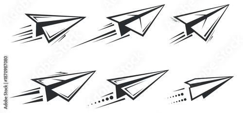 A collection of stylized paper airplanes in dynamic motion with sleek designs in black and white vector style, ideal for creative projects and branding