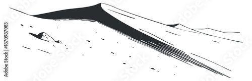 A minimalist outline illustration of rolling hills and mountains in geometric black and white vector style, suitable for outdoor adventure themes