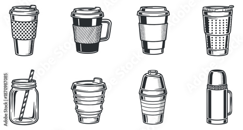 A collection of coffee cups, mugs, and drink containers in black and white outline vector style, perfect for beverage branding and packaging