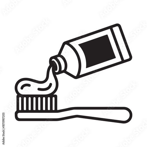 A simple black and white illustration showing toothpaste being applied to a toothbrush