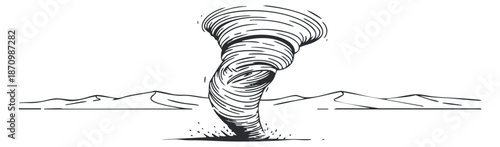 A tornado swirling in a desert landscape in minimalist lineart style, suitable for environmental and weather-themed projects