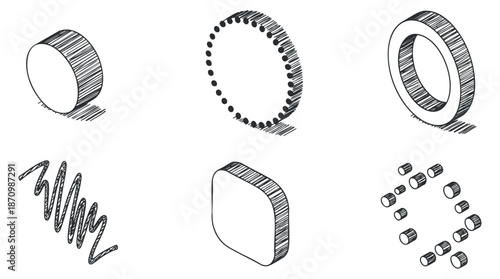 A collection of mechanical components including gears, rings, and shapes in a hand-drawn sketch style, ideal for engineering and design projects