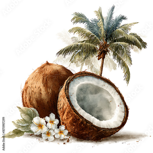 Tropical coconut and palm tree illustration with white flowers