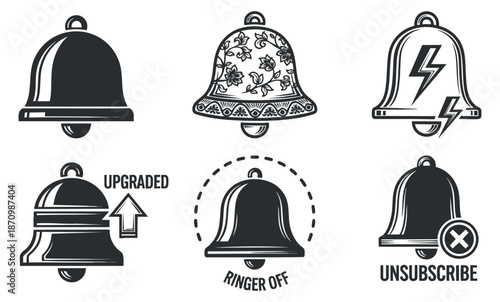 A collection of notification bell icons featuring various styles including upgraded, ringer off, and unsubscribe in black and white outline vector style, perfect for user interface design