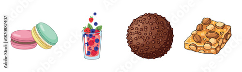 Colorful desserts featuring macarons, berry parfait, chocolate truffle, nutty nougat bar