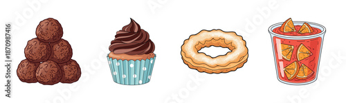 Assorted desserts: chocolate truffles, cupcake, cookie, and fruit punch