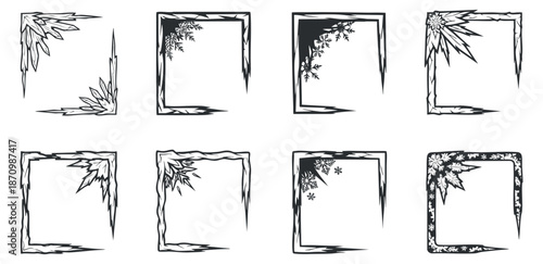 A collection of decorative frames featuring nature-inspired elements like leaves, flowers, and bamboo in black and white outline vector style, perfect for invitations and artwork