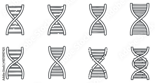 A collection of DNA double helix icons in minimalist outline vector style, suitable for scientific and educational projects
