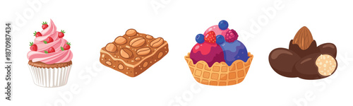 Assorted sweet desserts: cupcake, fudge, ice cream, chocolate truffles