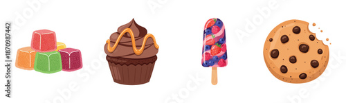Colorful sweets collection: jelly, cupcake, ice pop, cookie